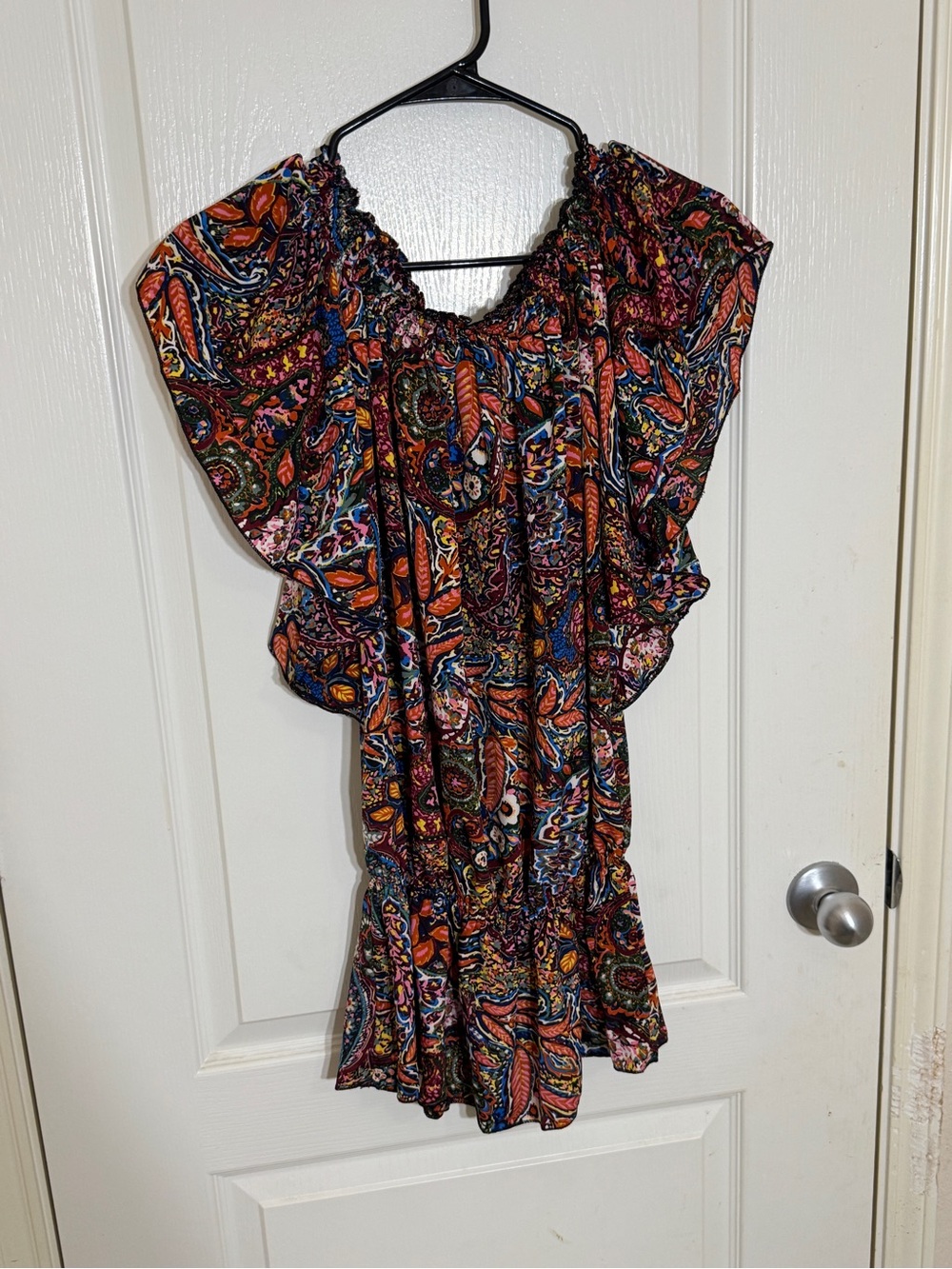 Karma Highway Paisley Boho Smocked Flutter Sleeve Peplum Top OS
